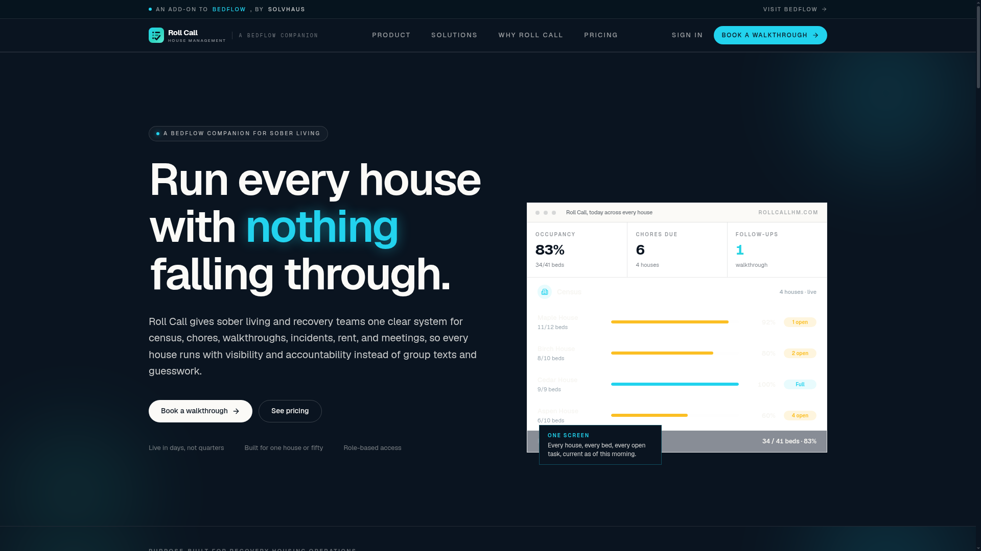 Roll Call HM website showing its house management dashboard